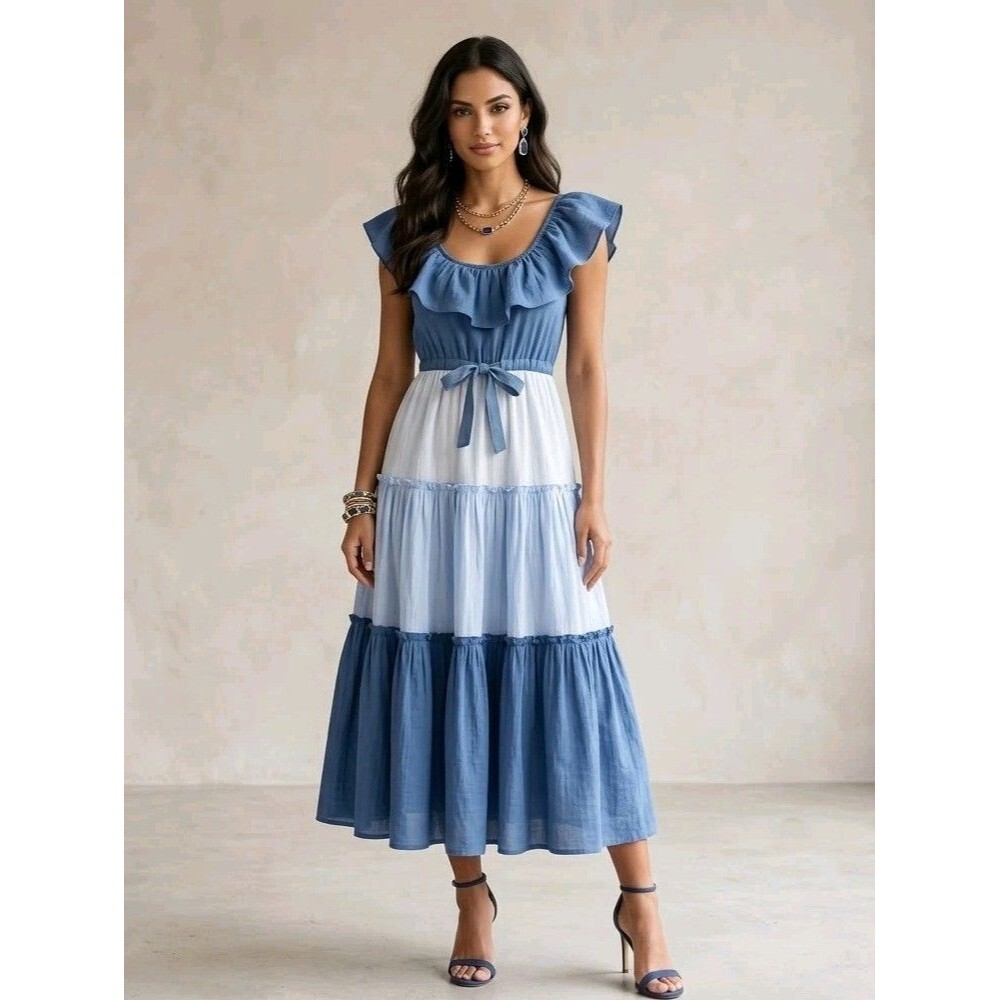 Vtg Arjon California Tiered Prairie Sundress Blue Cotton Ruffle 7 Cottagecore